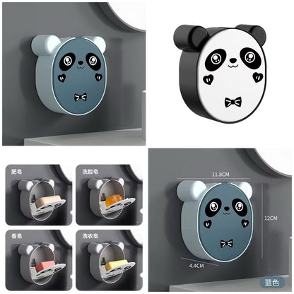Wall Mounted Cute Panda Soap Dish Holder  – Punch-Free Plastic Soap Box Rack for Bathroom & Kitchen Storage (Random color)