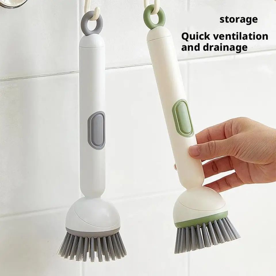 Kitchen Cleaning Brush with Adjustable Handle and Refillable Soap Dispenser for Dishes, Pans and Pots (Random Colour)