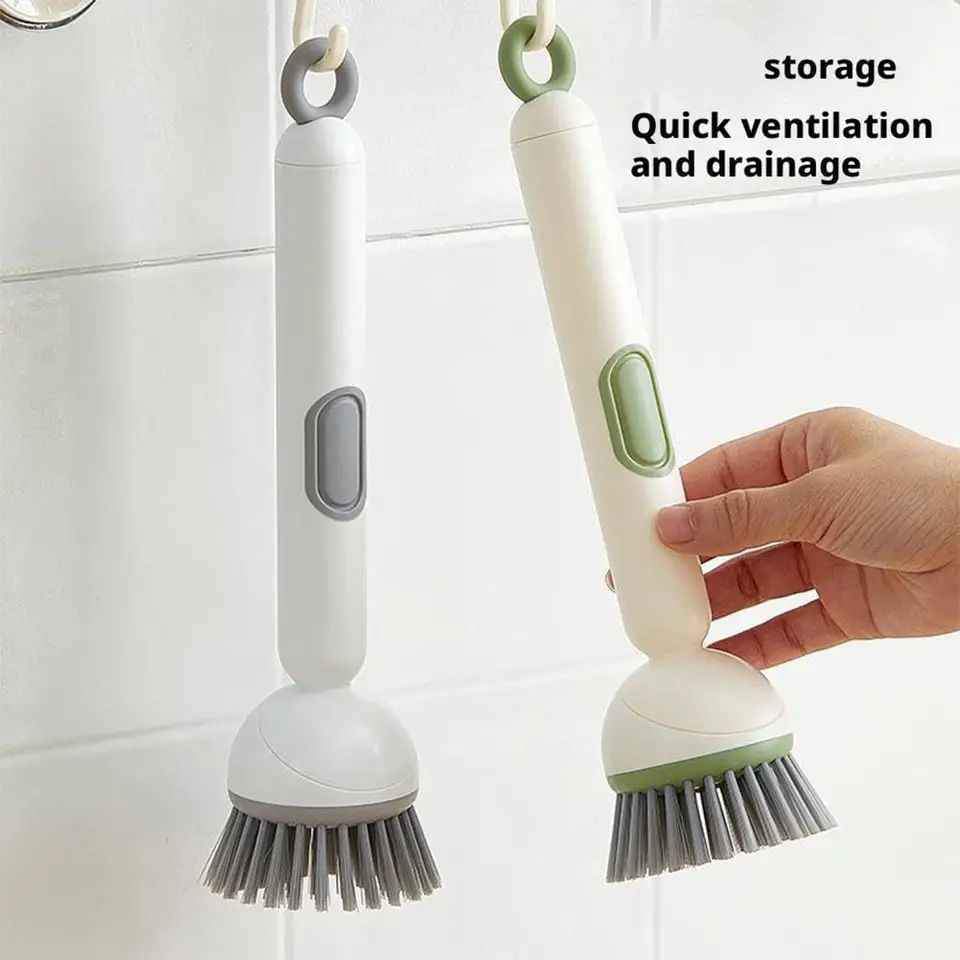 Kitchen Cleaning Brush with Adjustable Handle and Refillable Soap Dispenser for Dishes, Pans and Pots (Random Colour)