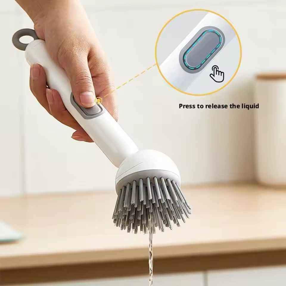 Kitchen Cleaning Brush with Adjustable Handle and Refillable Soap Dispenser for Dishes, Pans and Pots (Random Colour)