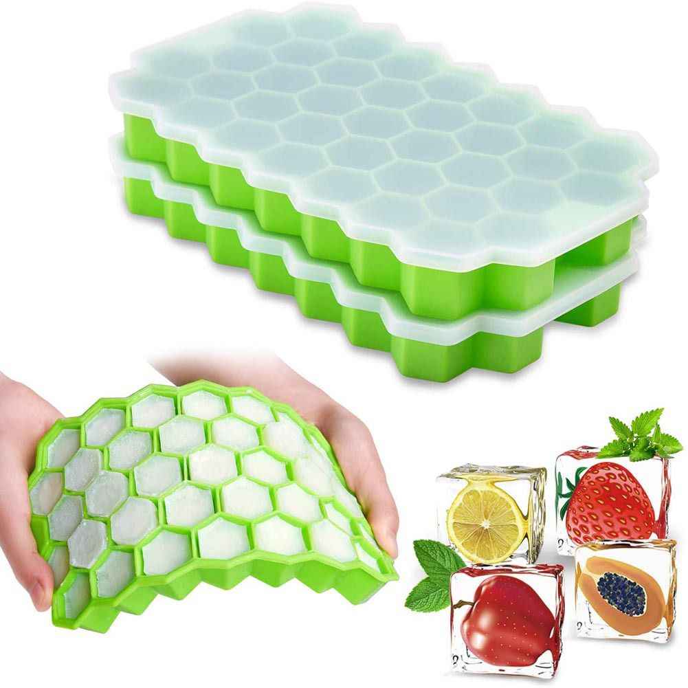 Silicone Ice Cube Tray With Lid – 36-Cube Honeycomb Shape Ice Mold and Freezer Cover (Random Color)