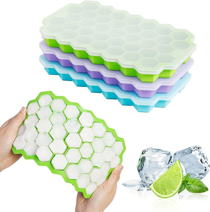 Silicone Ice Cube Tray With Lid – 36-Cube Honeycomb Shape Ice Mold and Freezer Cover (Random Color)