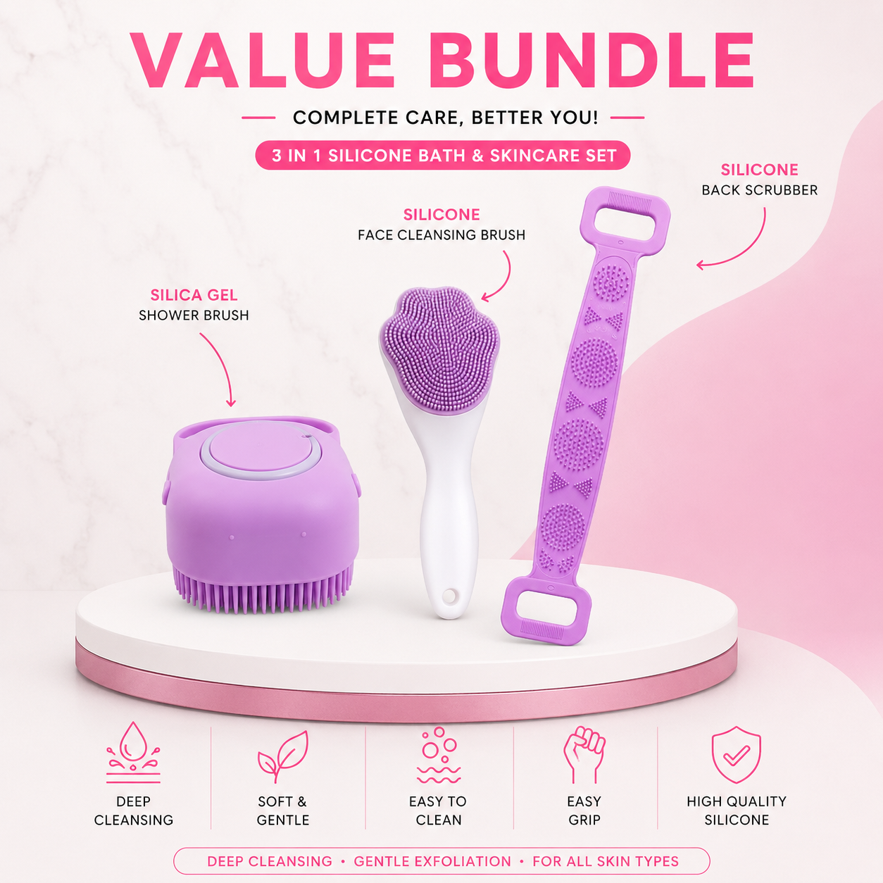 3 in 1 Silicone Bath and Skincare Value Bundle – Shower Brush, Back Scrubber and Face Cleansing Brush Set