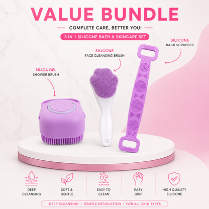 3 in 1 Silicone Bath and Skincare Value Bundle – Shower Brush, Back Scrubber and Face Cleansing Brush Set