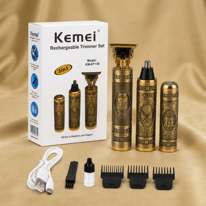 Kemei KM-6711B 3 In 1 Rechargeable Trimmer Set – Personal Care Grooming Kit for Daily Shaving and Trimming