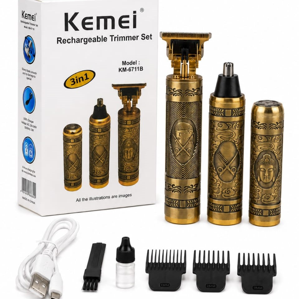 Kemei KM-6711B 3 In 1 Rechargeable Trimmer Set – Personal Care Grooming Kit for Daily Shaving and Trimming